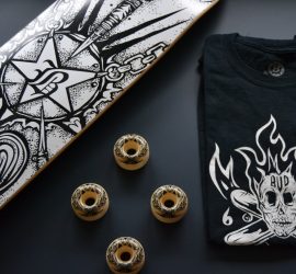 t-shirt par black bones et skateboard pour bud skateshop rouen